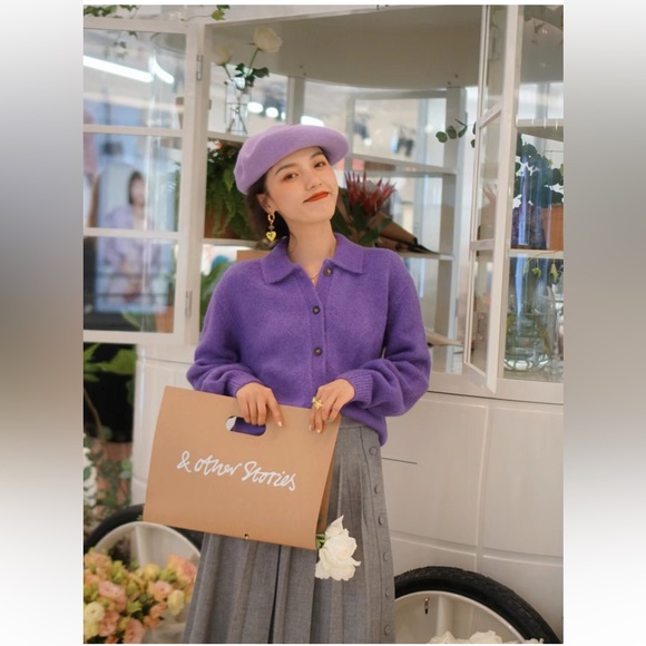 &Other Stories Purple Collared Alpaca Blend Cardigan - Picture 6 of 10